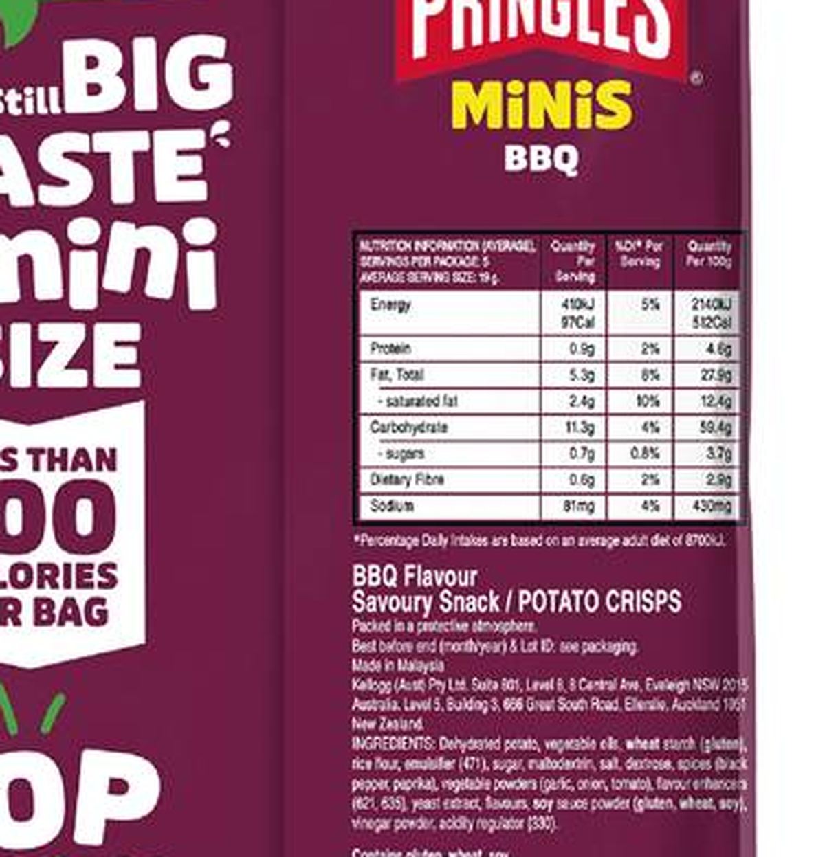 Pack photograph of Pringles Crisps Minis BBQ 19g x 5 pack showing the printed nutrition panel