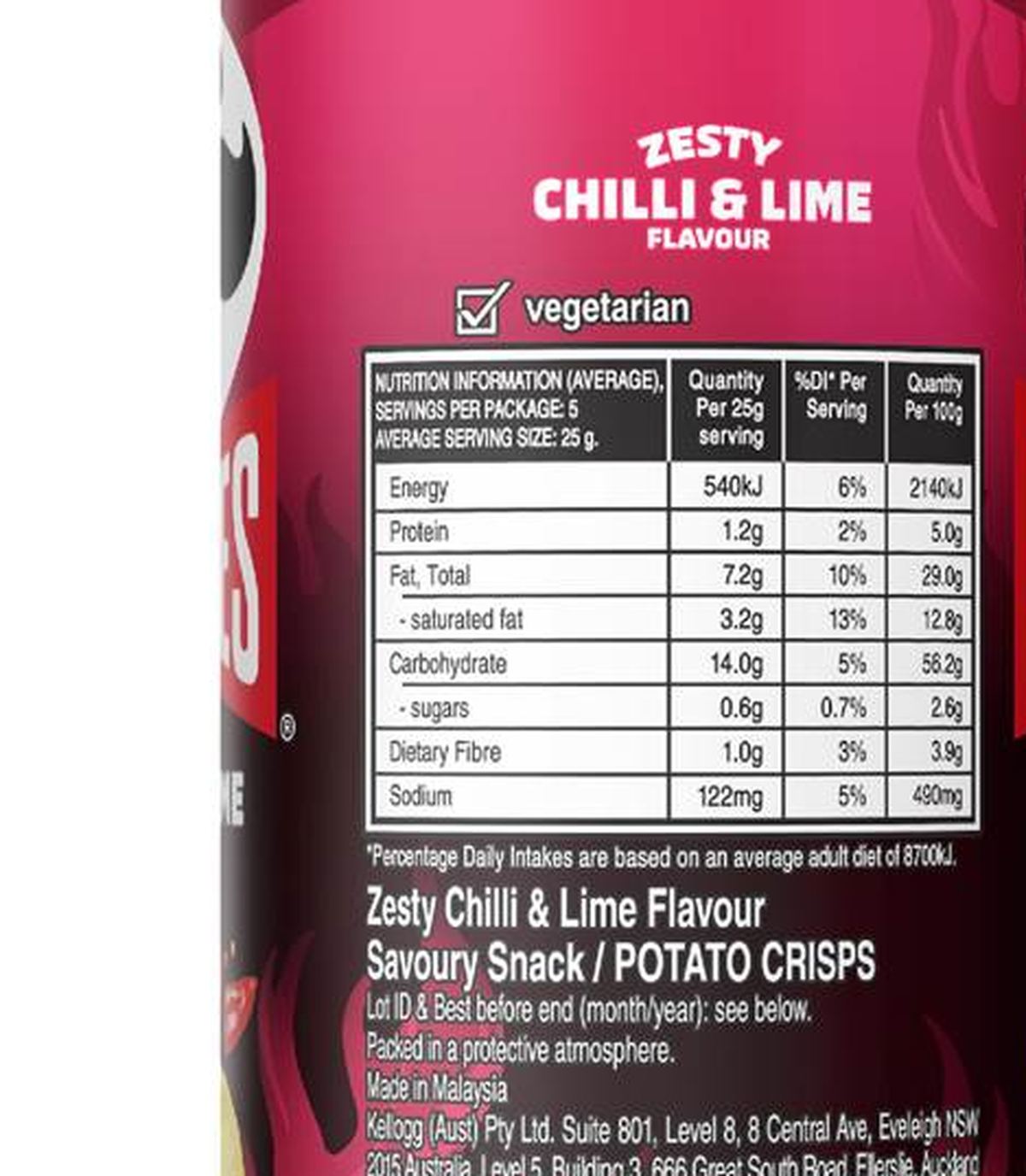 Pack photograph of Pringles Chilli Lime Potato Chips 134g showing the printed nutrition panel