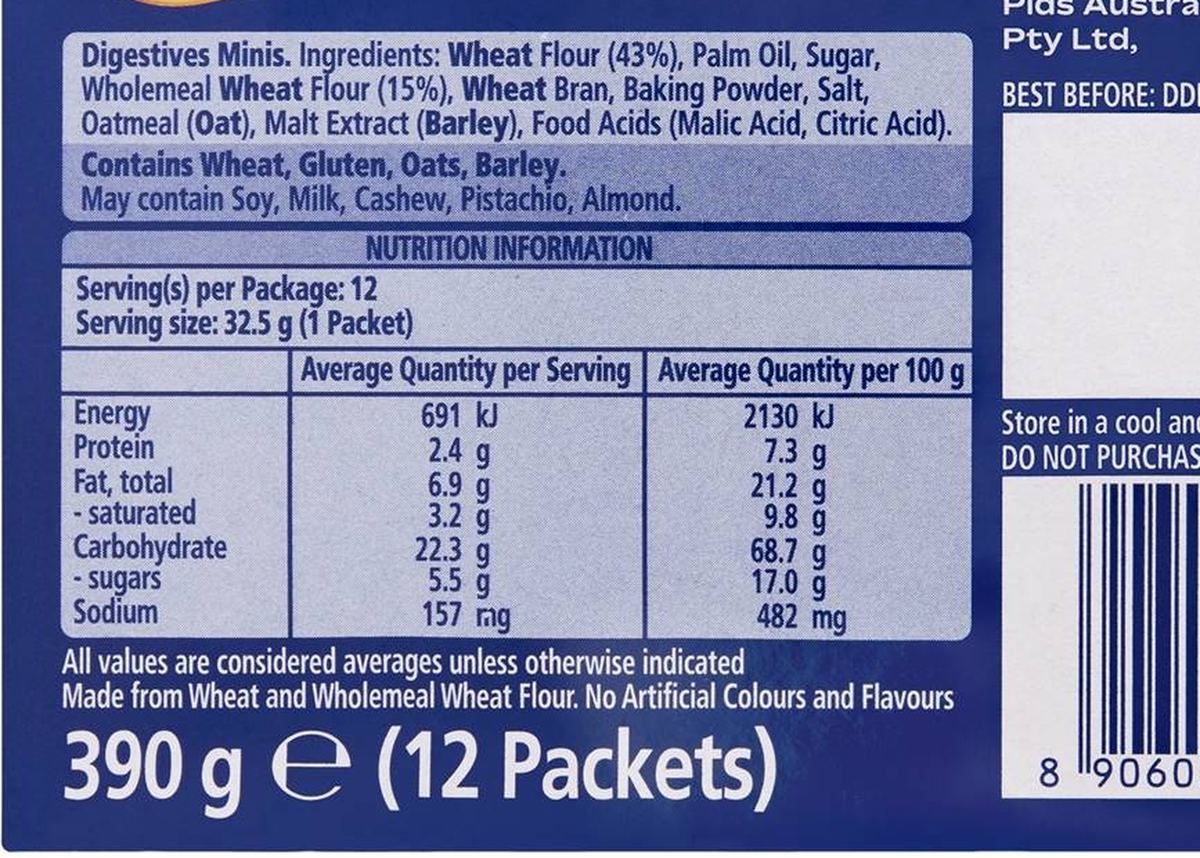 Pack photograph of McVitie's Digestives Minis Biscuits Multipack 12 pack showing the printed nutrition panel