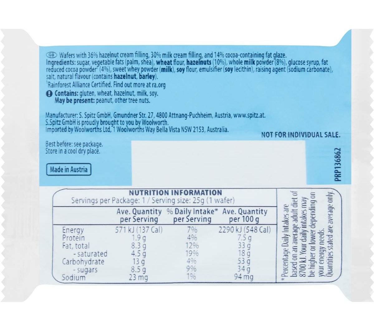 Pack photograph of Knusper Hazelnut Wafer Snacks 125g showing the printed nutrition panel