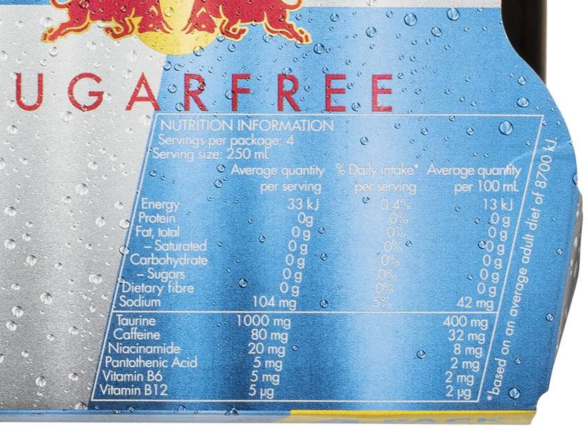 Pack photograph of Red Bull Energy Drink Sugar Free 250mL x 4 pack showing the printed nutrition panel