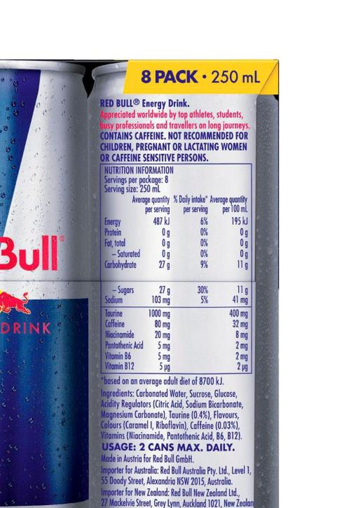 Pack photograph of Red Bull Energy Drink Cans 250mL x 8 pack showing the printed nutrition panel