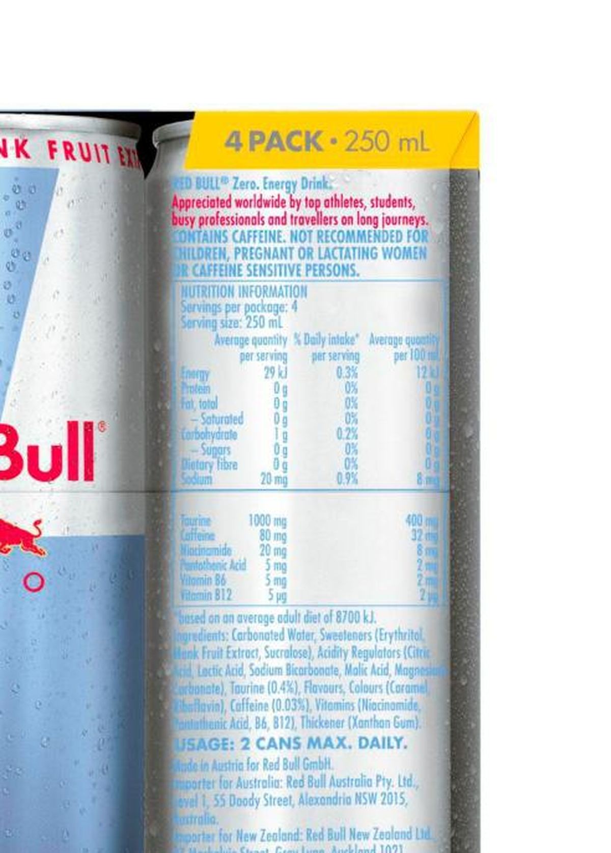 Pack photograph of Red Bull Energy Drink Zero 250mL x 4 pack showing the printed nutrition panel