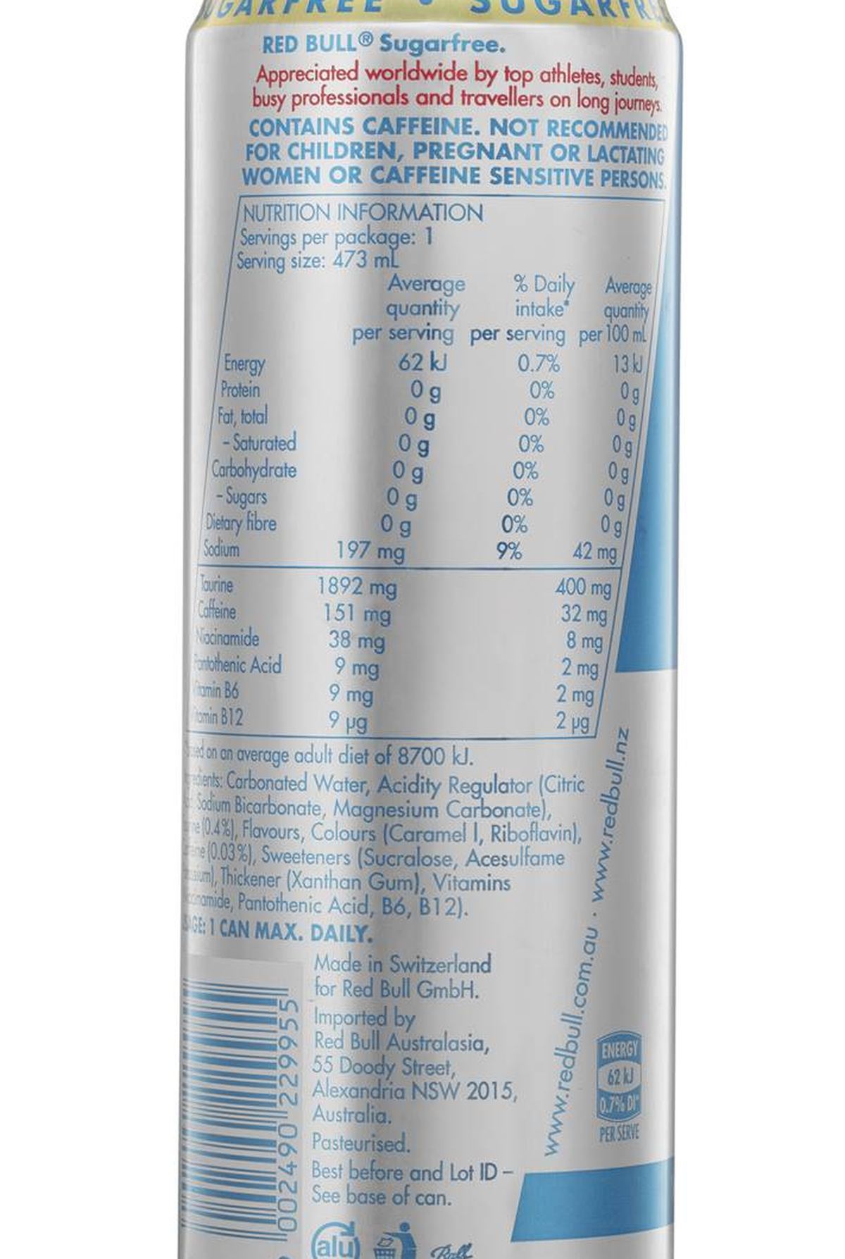 Pack photograph of Red Bull Sugar Free Energy Drink Can 473mL showing the printed nutrition panel