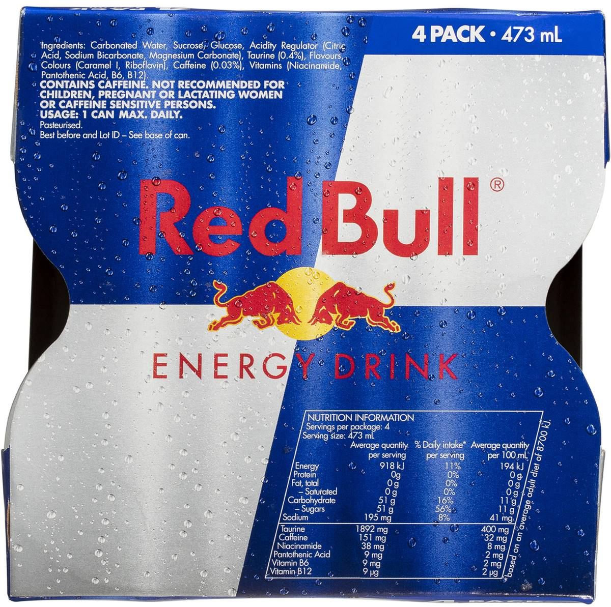 Pack photograph of Red Bull Energy Drink 473mL x 4 pack showing the printed nutrition panel