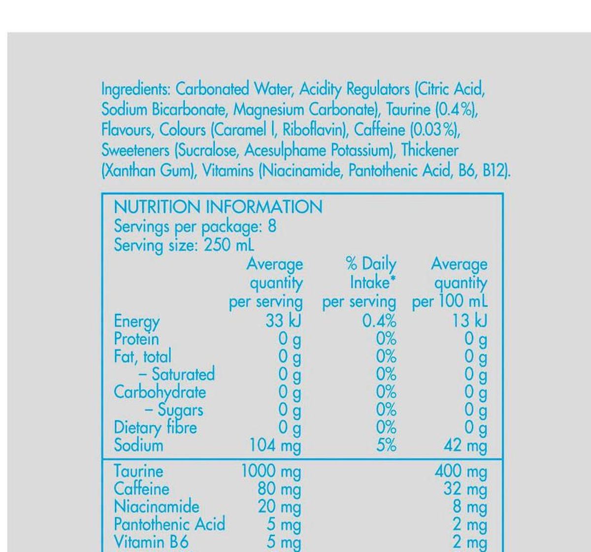 Pack photograph of Red Bull Energy Drink Sugar Free Cans 250mL x 8 pack showing the printed nutrition panel