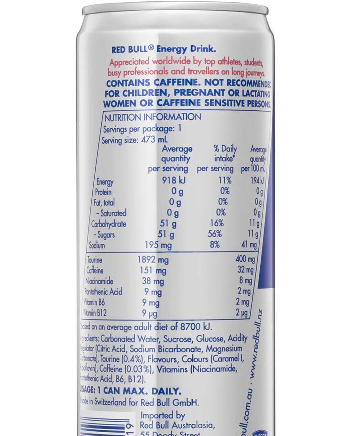 Pack photograph of Red Bull Energy Drink 473mL showing the printed nutrition panel