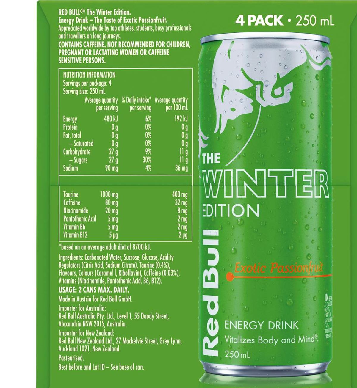 Pack photograph of Red Bull Energy Drink The Winter Edition Exotic Passionfruit 250mL x 4 pack showing the printed nutrition panel
