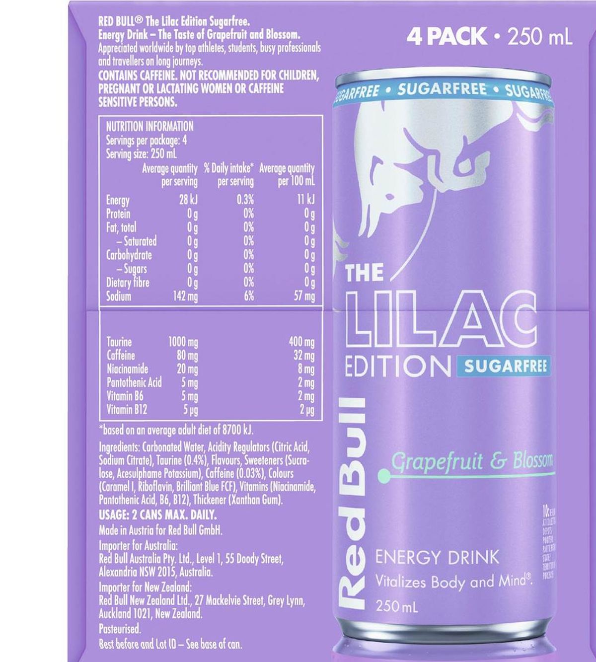 Pack photograph of Red Bull The Lilac Edition Sugar Free Energy Drink Cans 250mL x 4 pack showing the printed nutrition panel