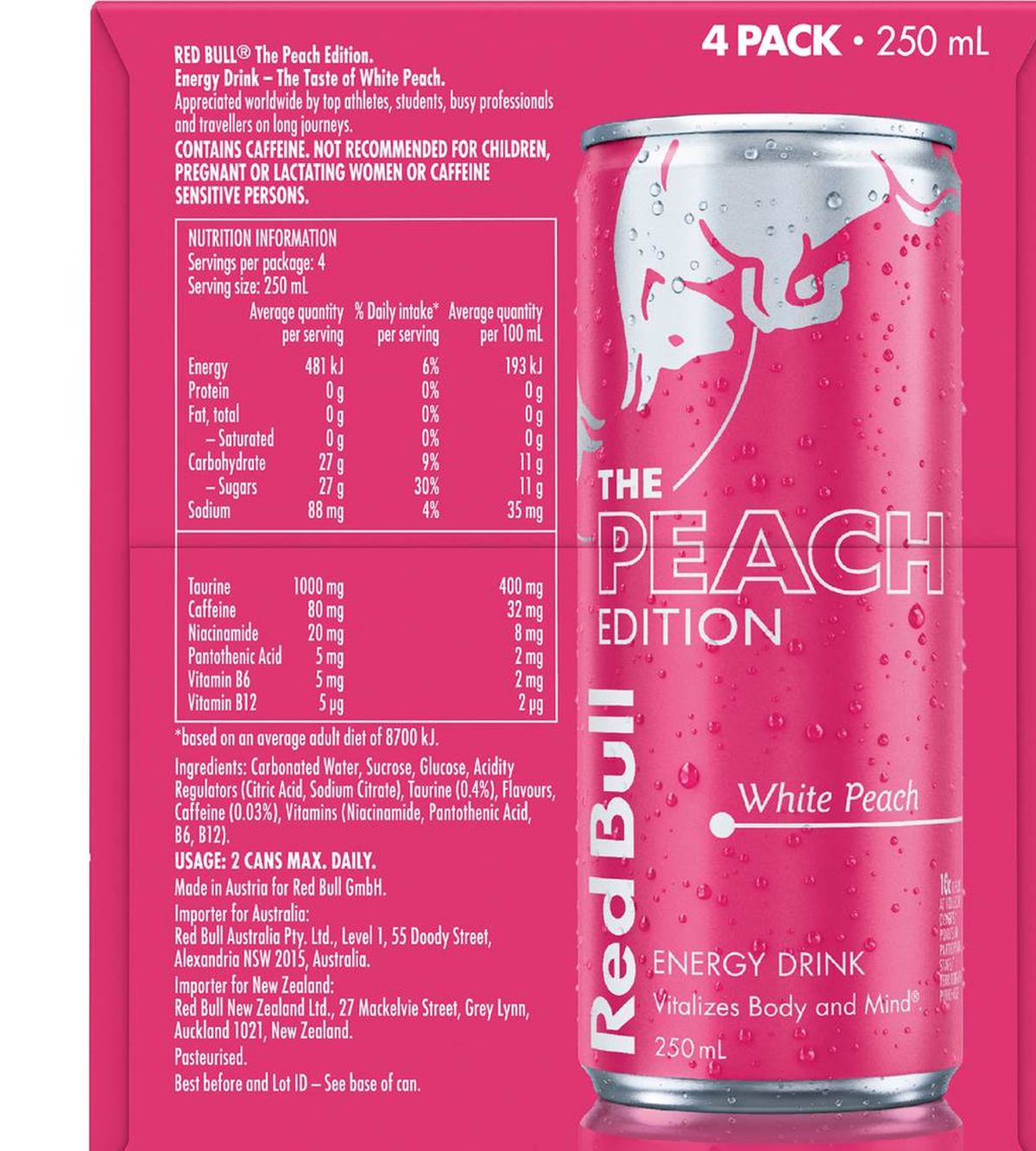 Pack photograph of Red Bull Energy Drink White Peach Edition 250mL x 4 pack showing the printed nutrition panel