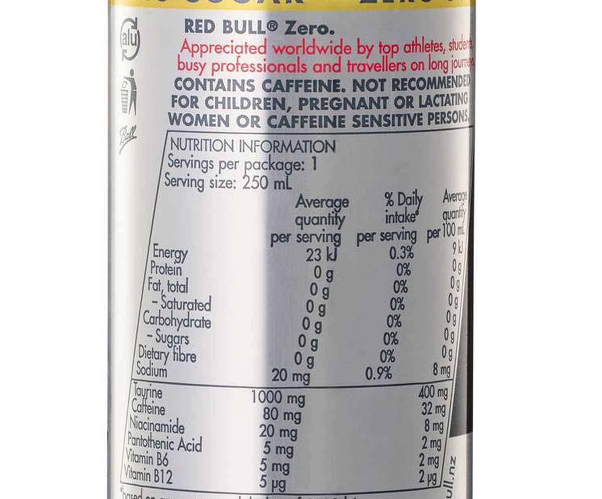 Pack photograph of Red Bull Energy Drink Zero 250mL showing the printed nutrition panel