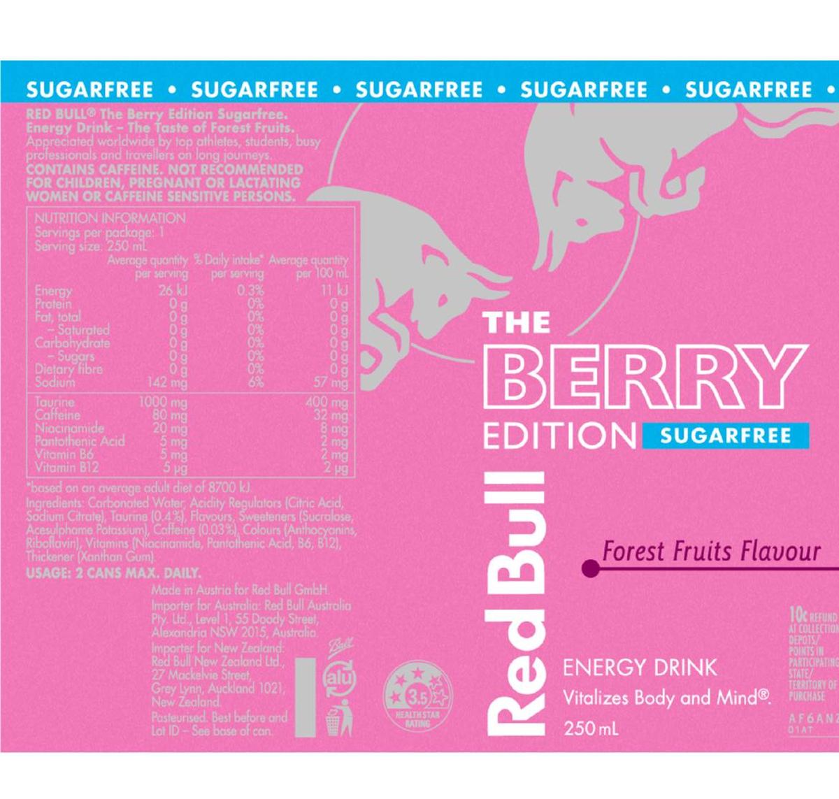 Pack photograph of Red Bull Berry Edition Sugar Free 250mL showing the printed nutrition panel