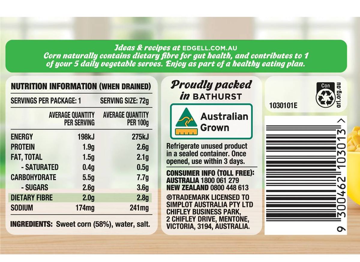 Pack photograph of Edgell Australian Grown Corn Kernels 125g showing the printed nutrition panel
