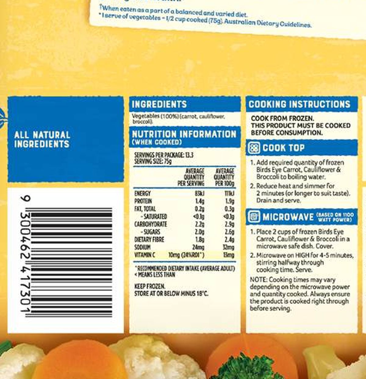 Pack photograph of Birds Eye Frozen Carrot Cauliflower & Broccoli 1kg showing the printed nutrition panel