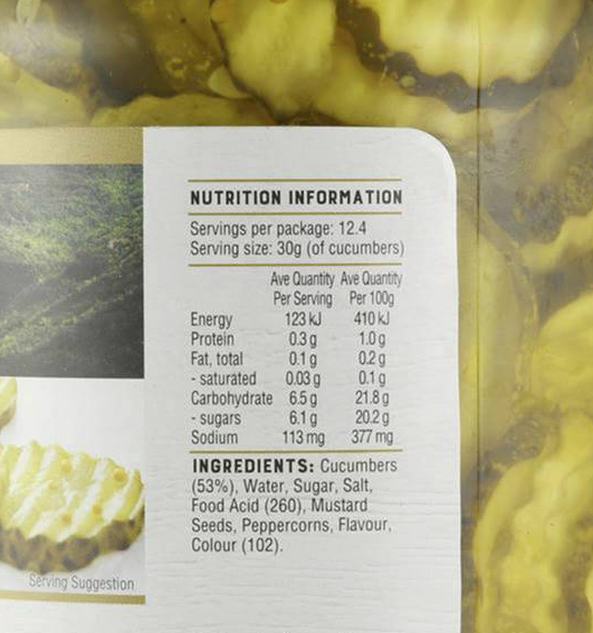 Pack photograph of Always Fresh Cucumbers Bread & Butter 700g showing the printed nutrition panel