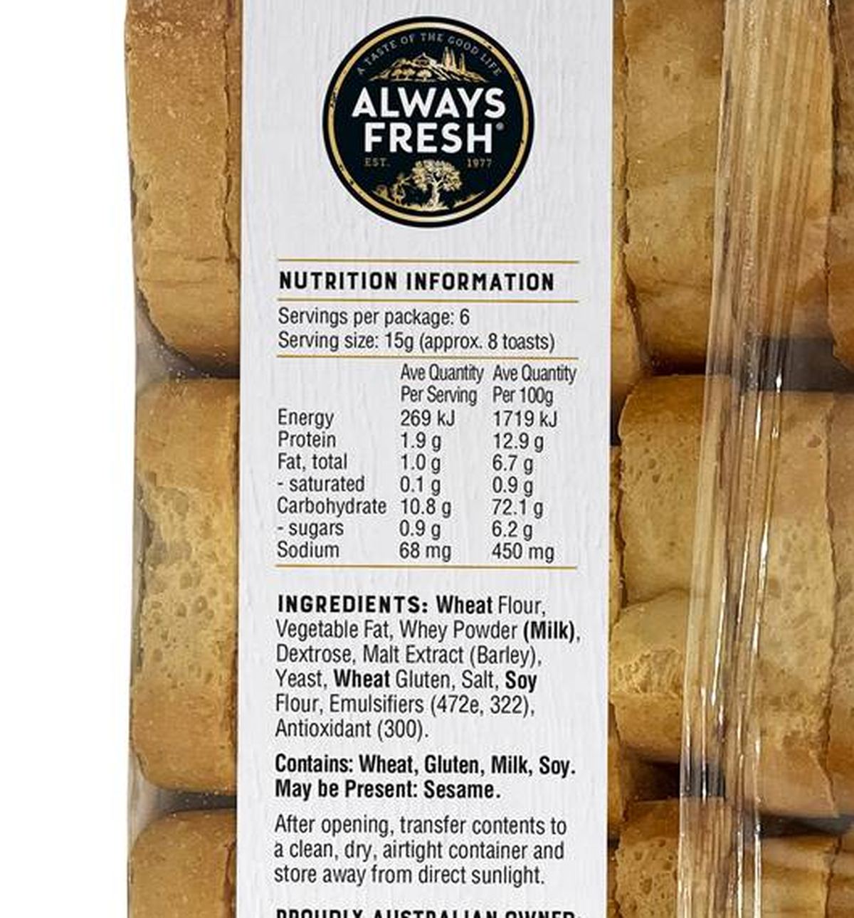 Pack photograph of Always Fresh Mini Toasts 90g showing the printed nutrition panel