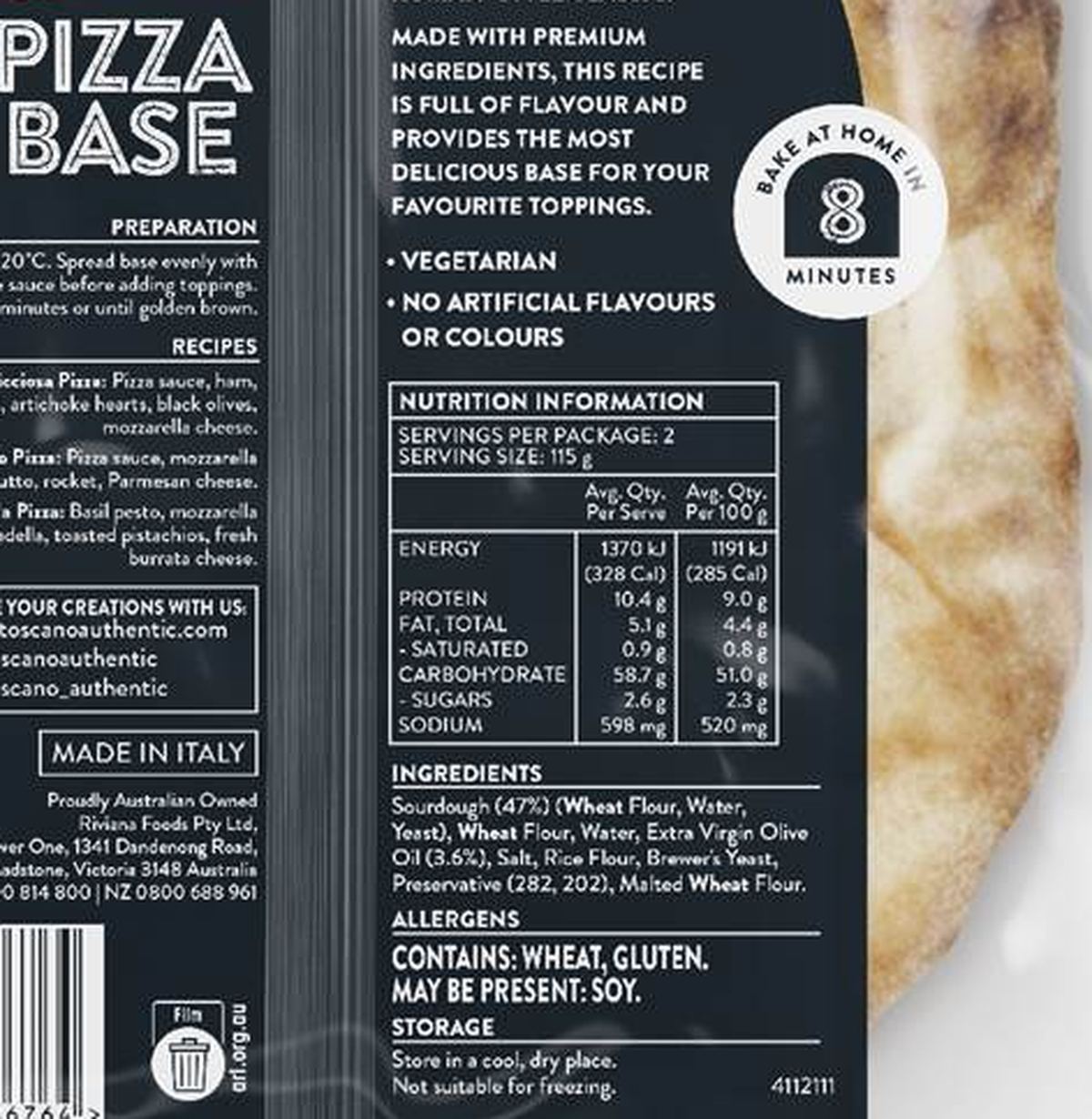 Pack photograph of Toscano Pinsa Pizza Base 230g showing the printed nutrition panel