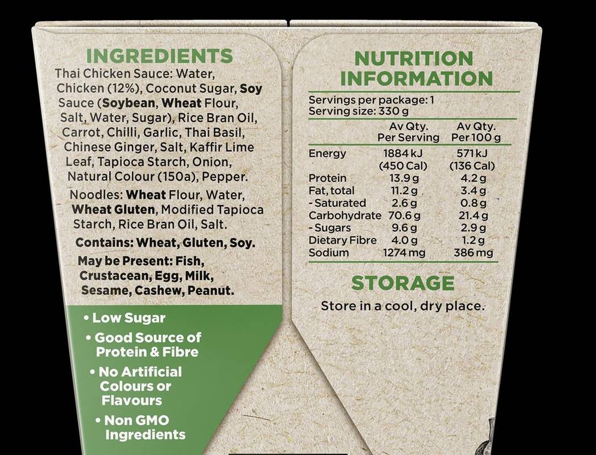 Pack photograph of Hart & Soul Thai Chicken Saucy Noodles Box 330g showing the printed nutrition panel