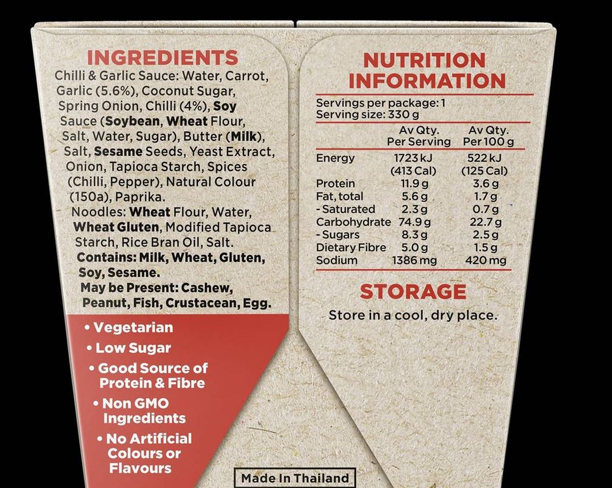 Pack photograph of Hart & Soul Ramen Chilli & Garlic Saucy Noodles Box 330g showing the printed nutrition panel