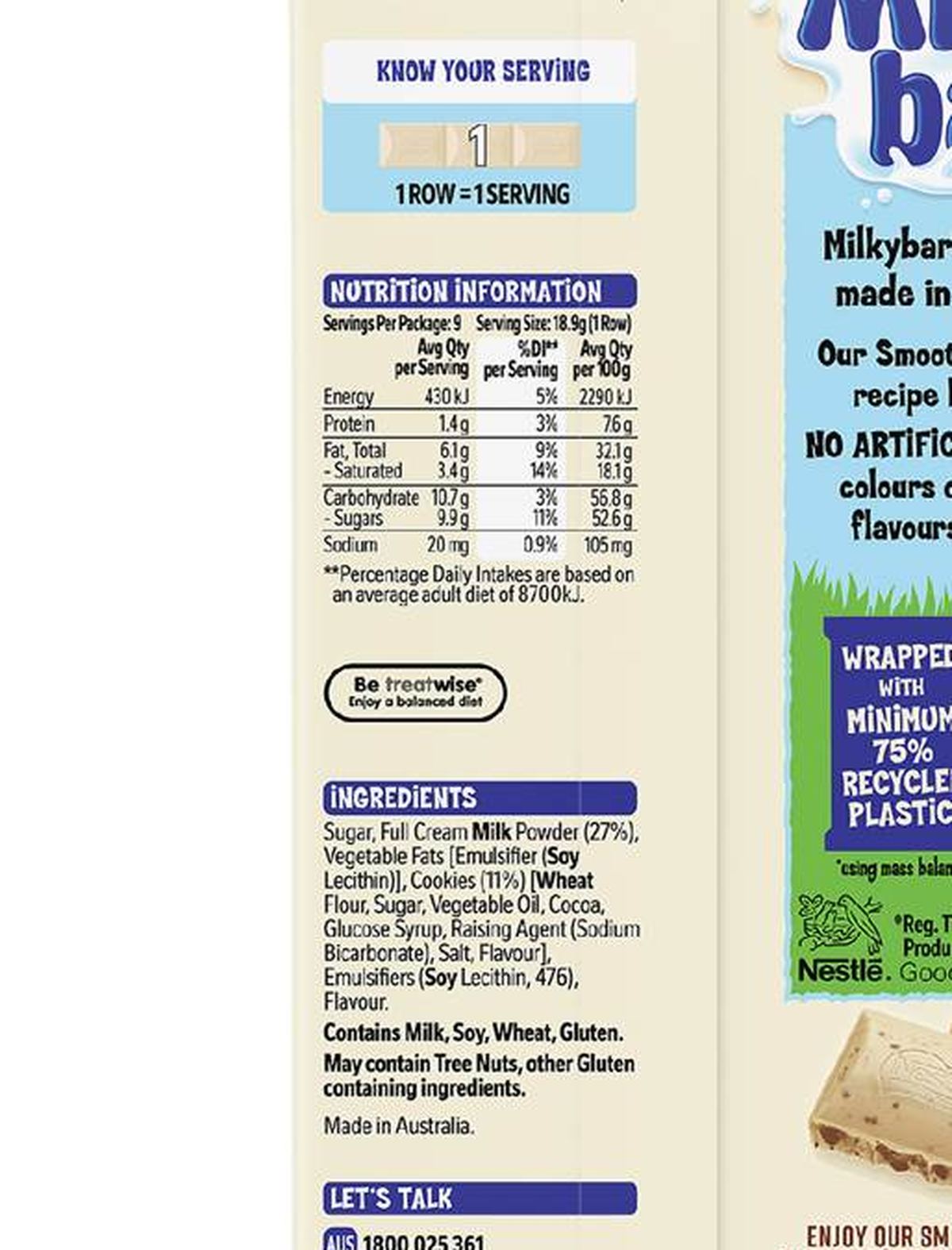 Pack photograph of Milkybar Cookies & Cream White Choc Block 170g showing the printed nutrition panel