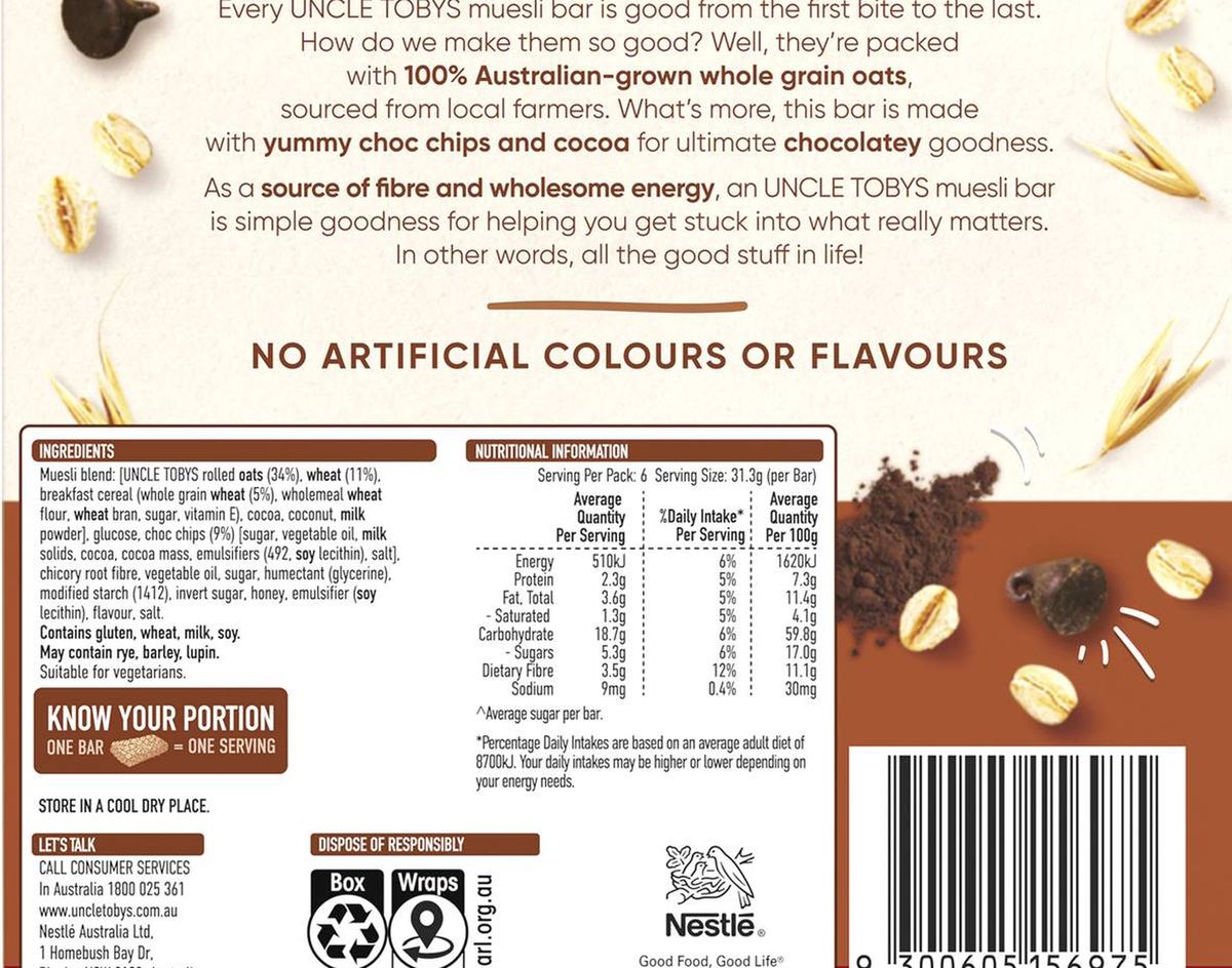 Pack photograph of Uncle Tobys Chewy Oh My Choc Muesli Bars 6 pack showing the printed nutrition panel