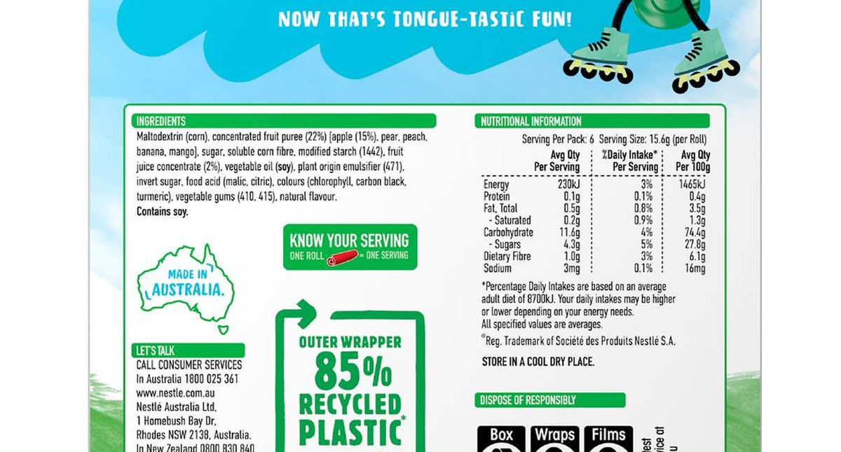 Pack photograph of Uncle Tobys Roll Ups Apple 94g 6 pack showing the printed nutrition panel