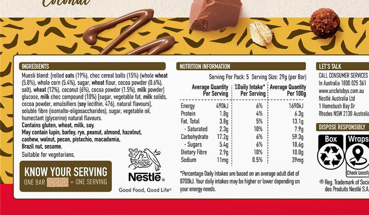 Pack photograph of Uncle Tobys Muesli Bars Inspired By Golden Rough 5 Pack 145g showing the printed nutrition panel