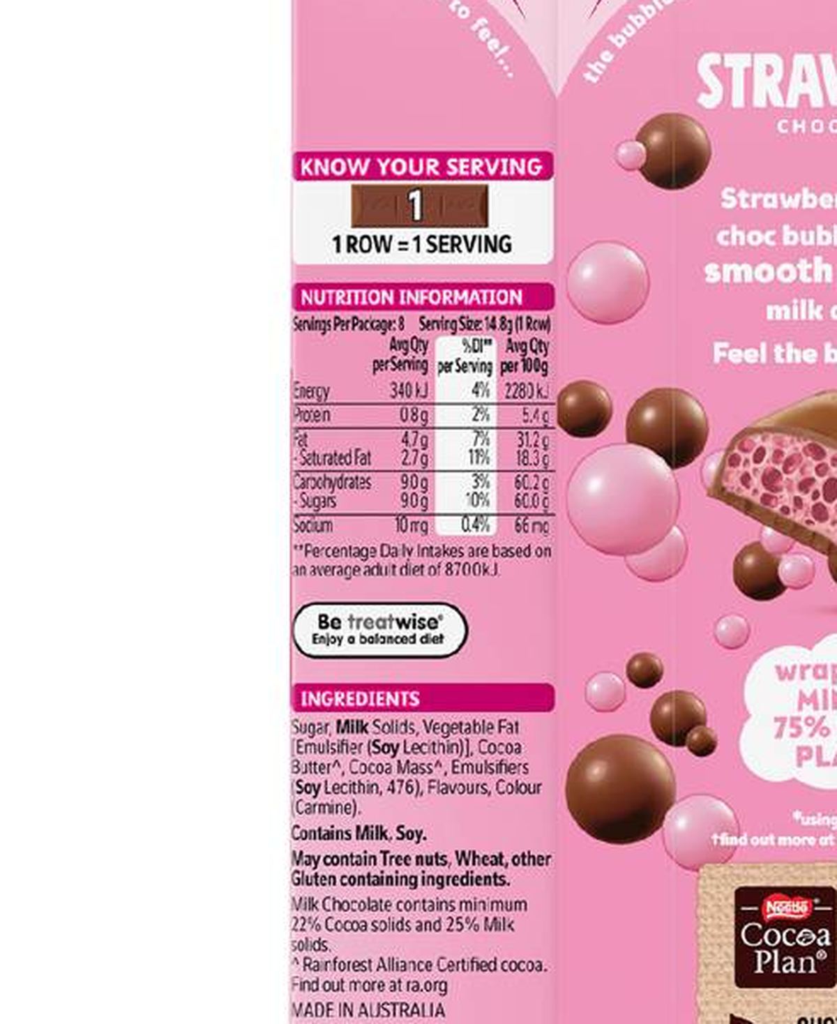 Pack photograph of Aero Strawberry Chocolate Block 118g showing the printed nutrition panel