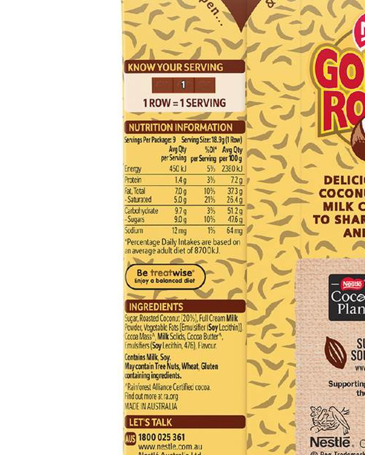 Pack photograph of Nestle Golden Rough Milk Chocolate With Roasted Coconut Block 170g showing the printed nutrition panel