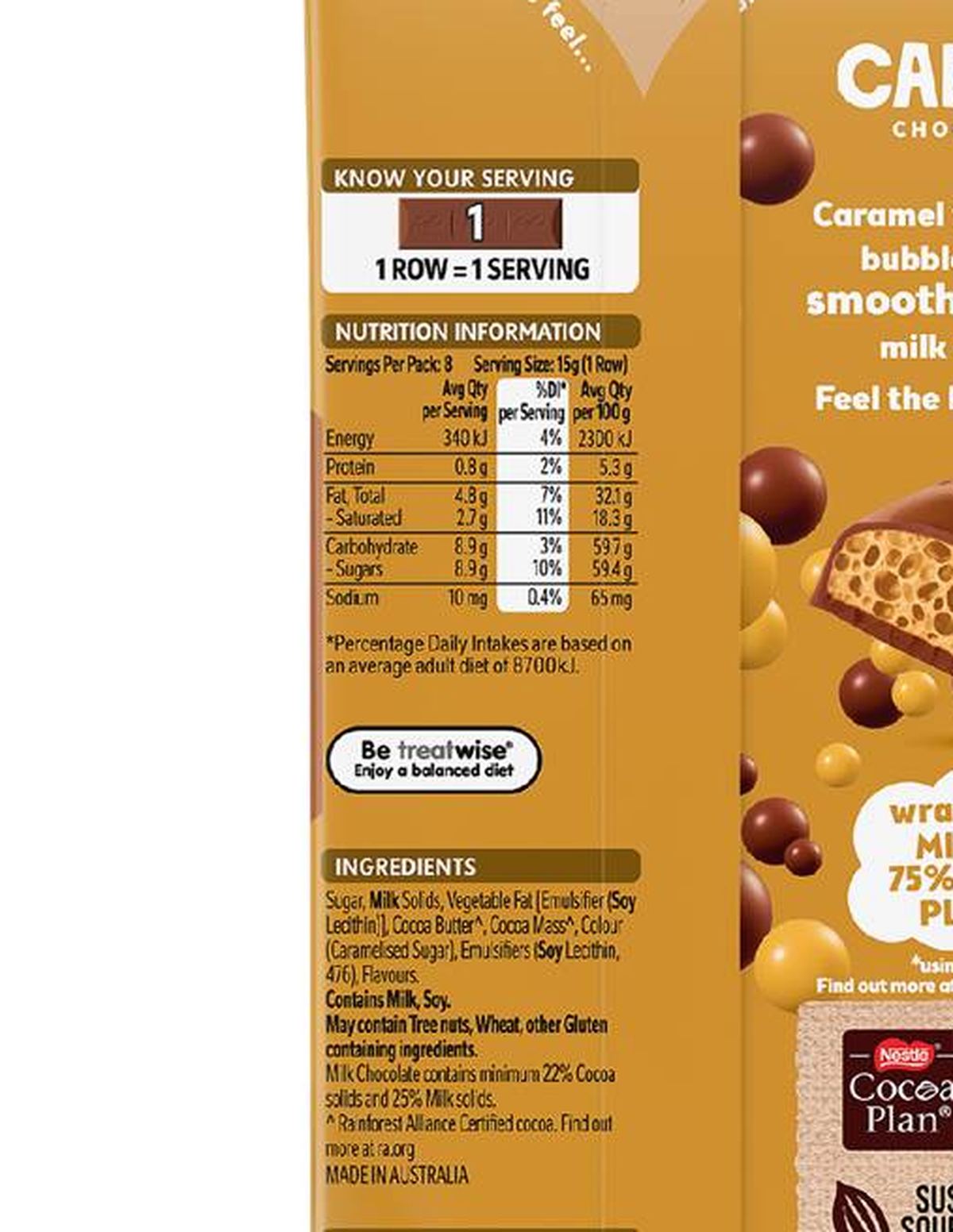 Pack photograph of Aero Caramel Chocolate Block 118g showing the printed nutrition panel