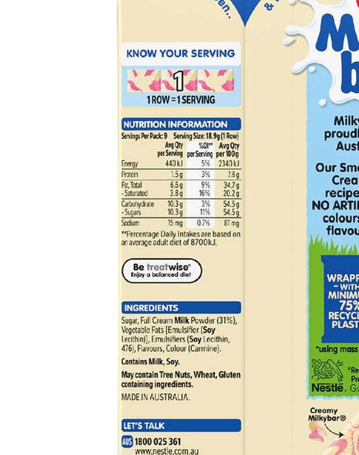 Pack photograph of Nestle Milkybar Nesquik Strawberry Block 170g showing the printed nutrition panel