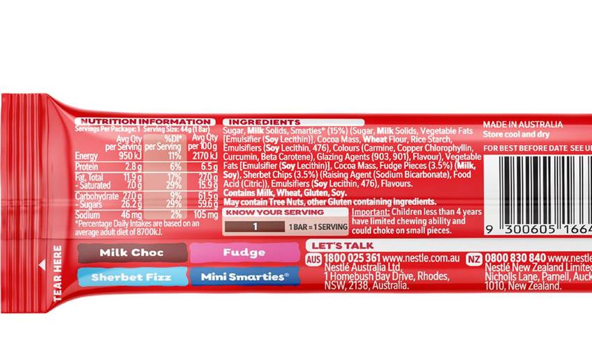 Pack photograph of Allen's Block Party Milk Choc 44g showing the printed nutrition panel
