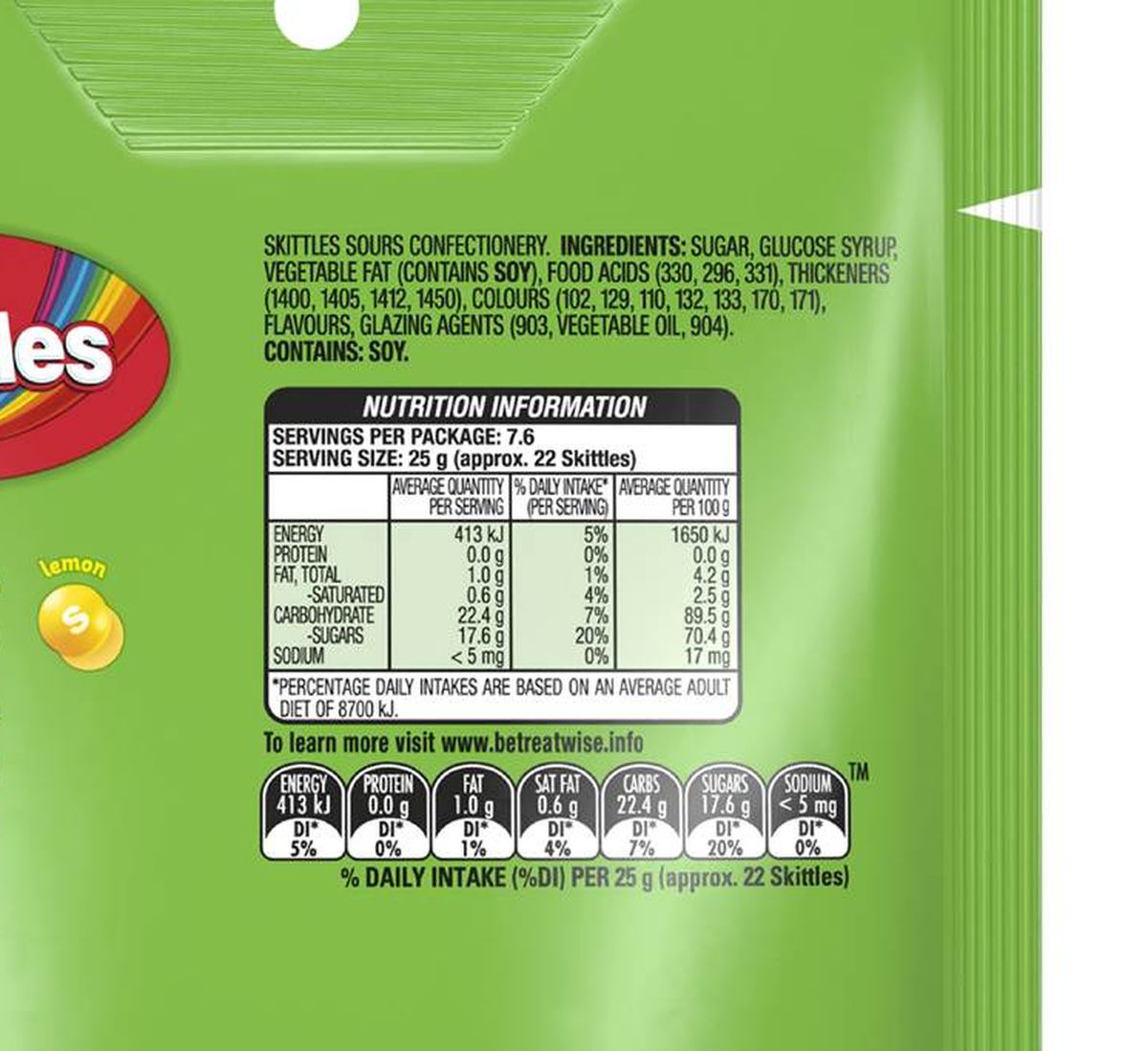 Pack photograph of Skittles Sours Chewy Lollies Party Share Bag 190g showing the printed nutrition panel