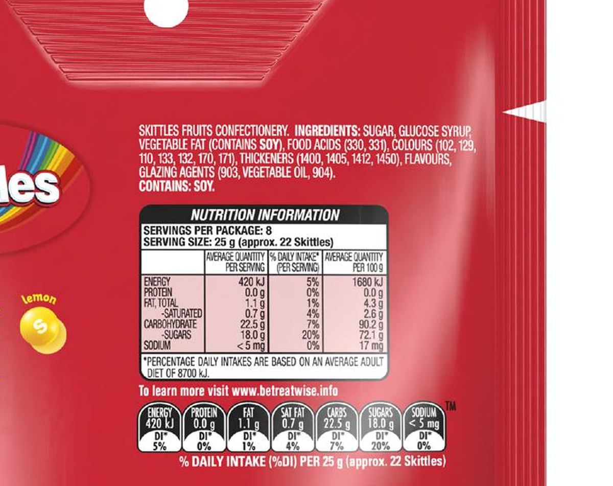 Pack photograph of Skittles Fruits Chewy Lollies Party Share Bag 200g showing the printed nutrition panel