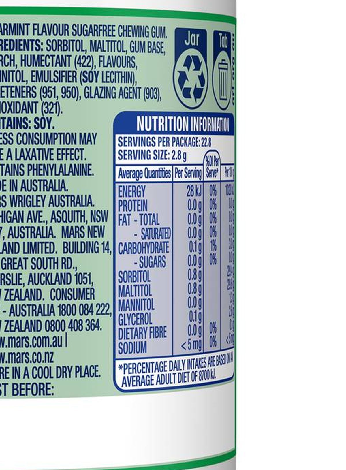 Pack photograph of Extra Spearmint Sugar Free Chewing Gum Bottle 64g showing the printed nutrition panel