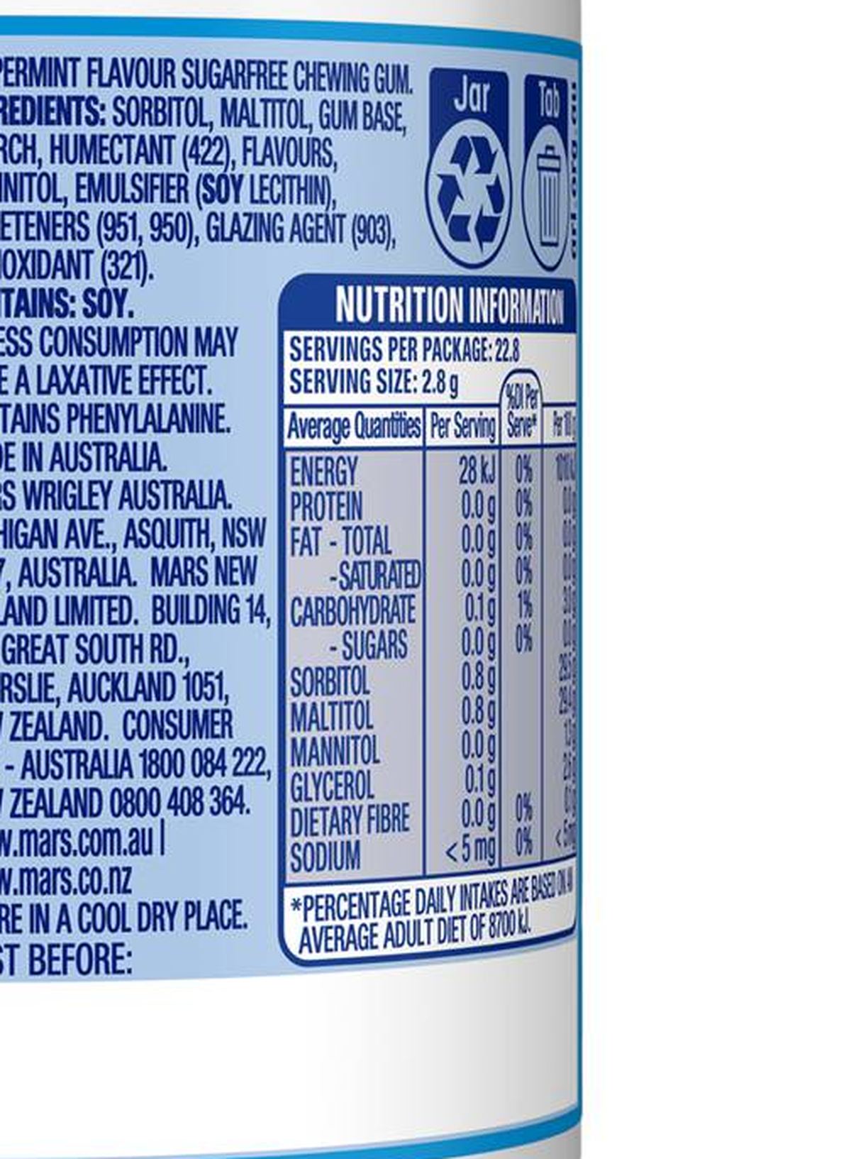 Pack photograph of Extra Peppermint Sugar Free Chewing Gum Bottle 64g showing the printed nutrition panel