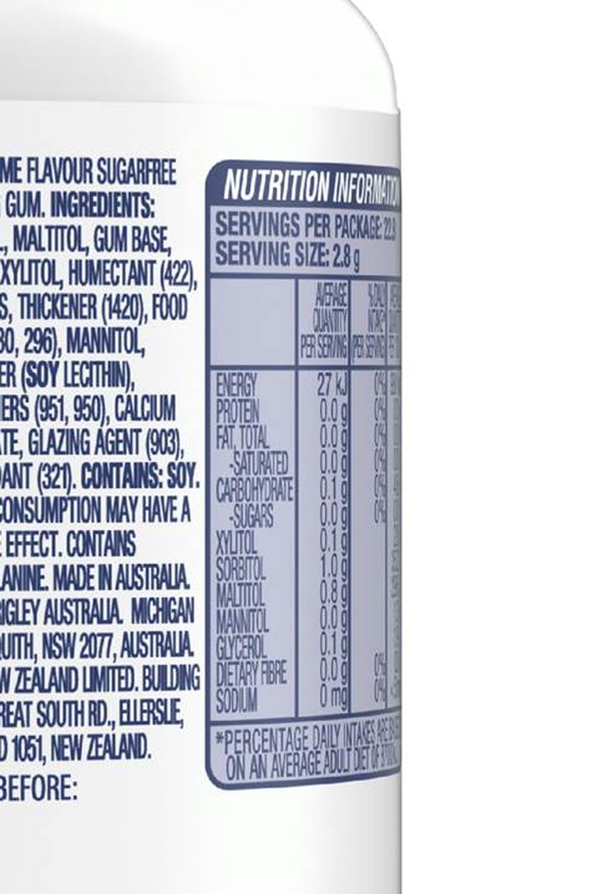 Pack photograph of Extra White Lemon Lime Sugar Free Chewing Gum Bottle 64g showing the printed nutrition panel
