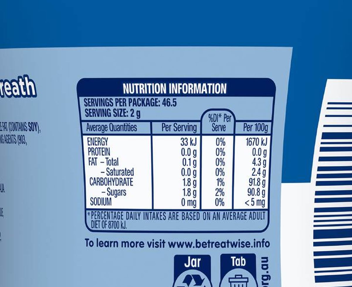 Pack photograph of Eclipse Peppermint Chewy Mints Bottle 93g showing the printed nutrition panel