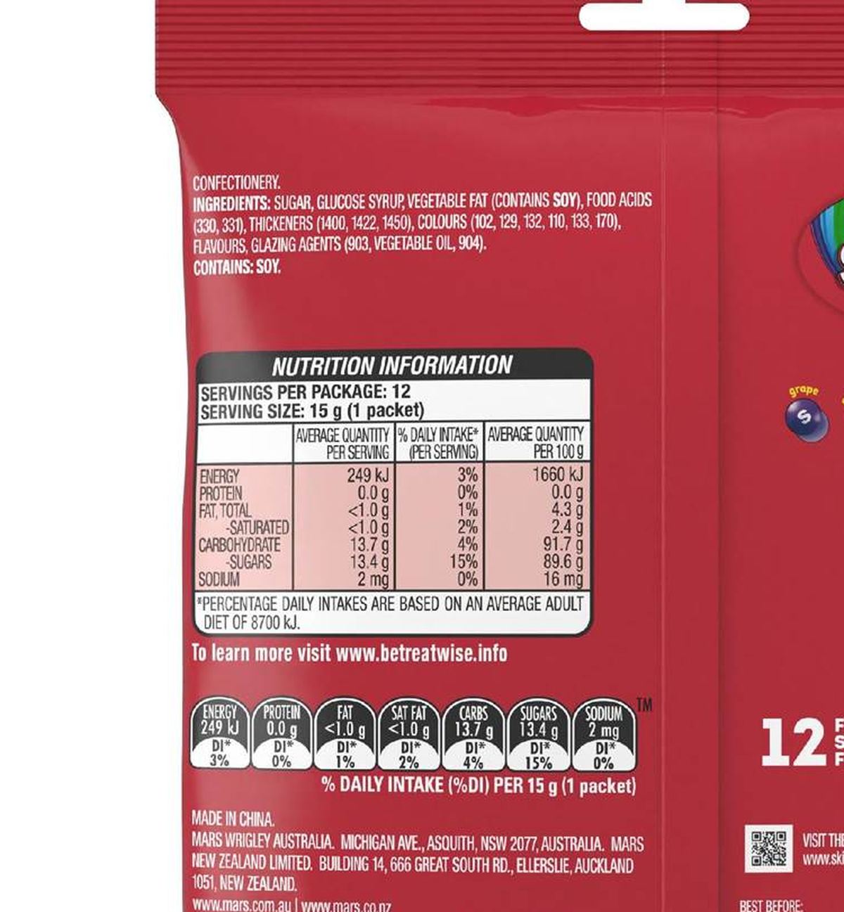 Pack photograph of Skittles Fruits Chewy Lollies Mini Bags 180g 12 pack showing the printed nutrition panel
