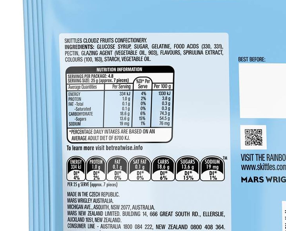 Pack photograph of Skittles Cloudz Fruits Chewy Lollies 120g showing the printed nutrition panel