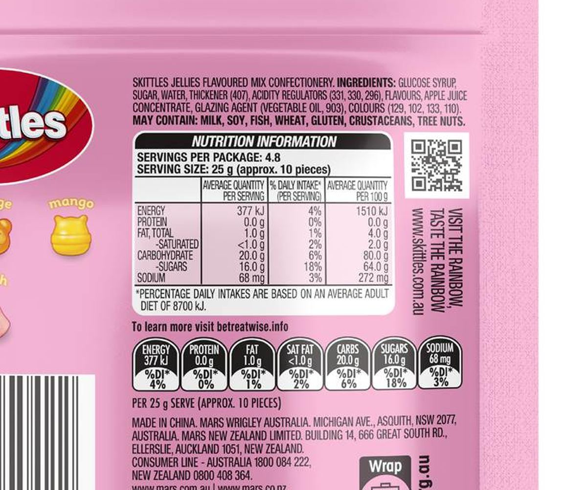 Pack photograph of Skittles Jellies Fruit Pandas Lollies 120g showing the printed nutrition panel