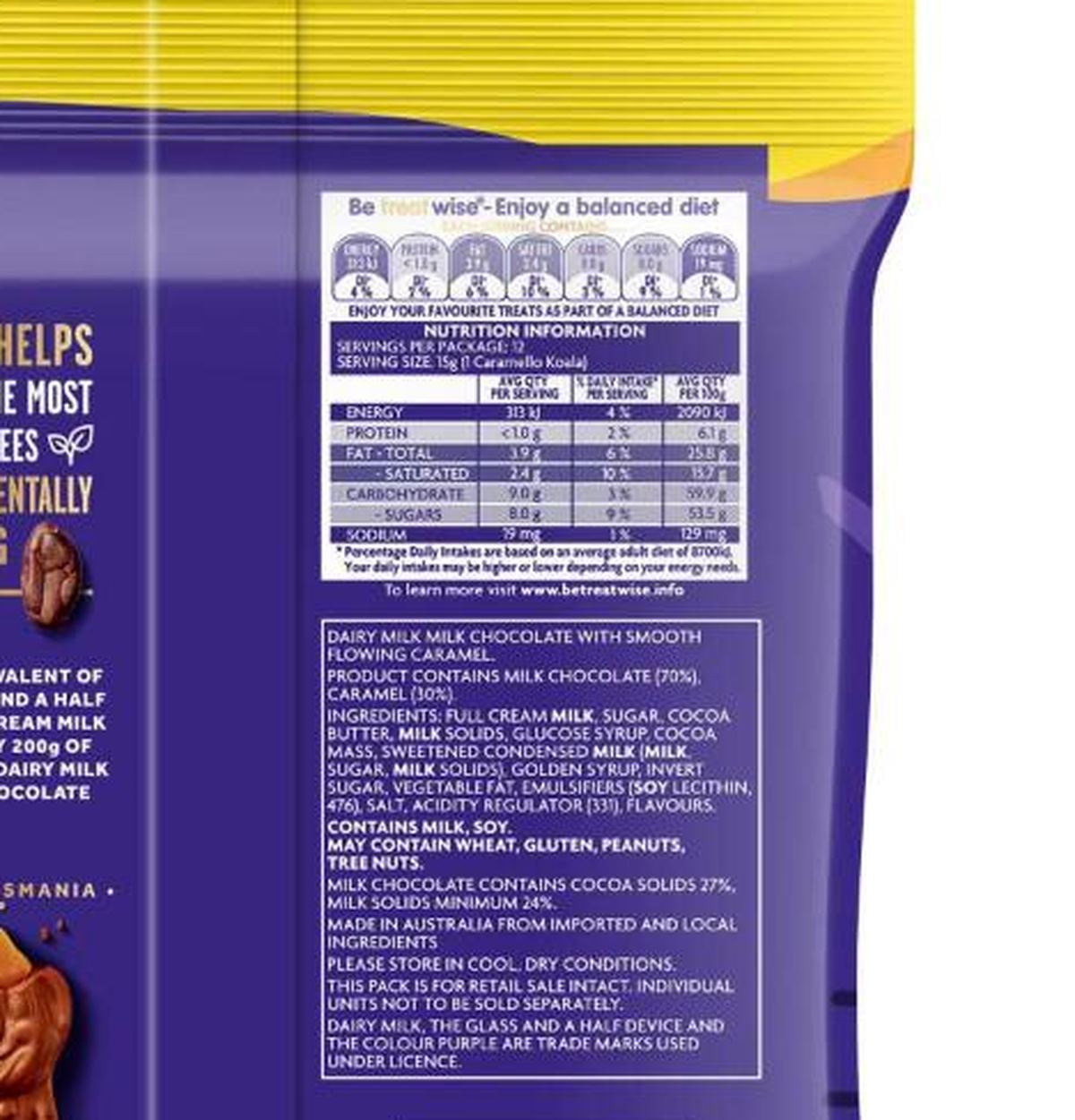 Pack photograph of Cadbury Dairy Milk Caramello Koala Chocolate Mini Bars 180g 12 pack showing the printed nutrition panel