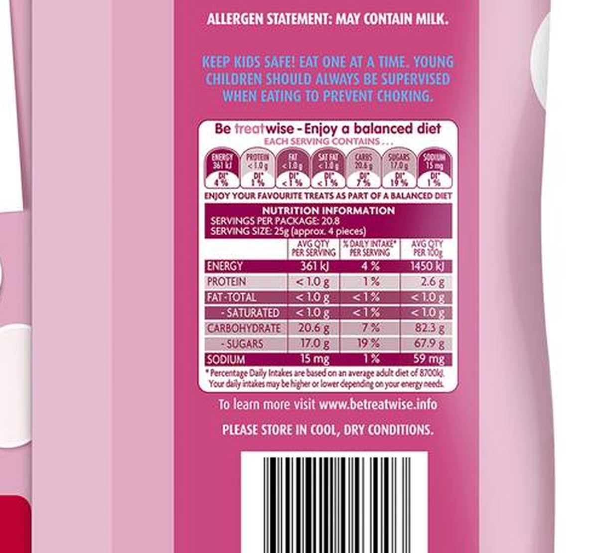 Pack photograph of Pascall Marshmallows Pink & White 520g showing the printed nutrition panel