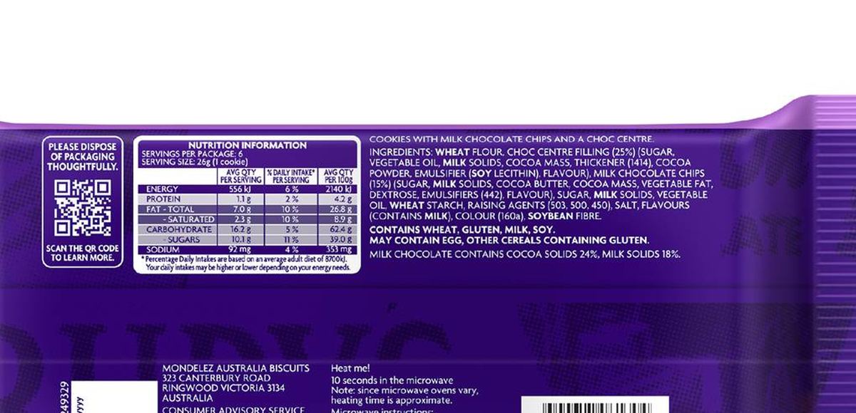 Pack photograph of Cadbury Choc Centre Cookies 156g showing the printed nutrition panel