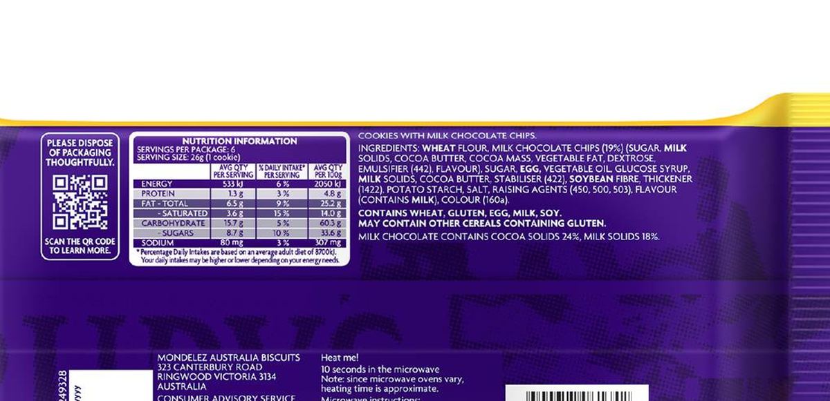 Pack photograph of Cadbury Classic Choc Chip Cookies 156g showing the printed nutrition panel