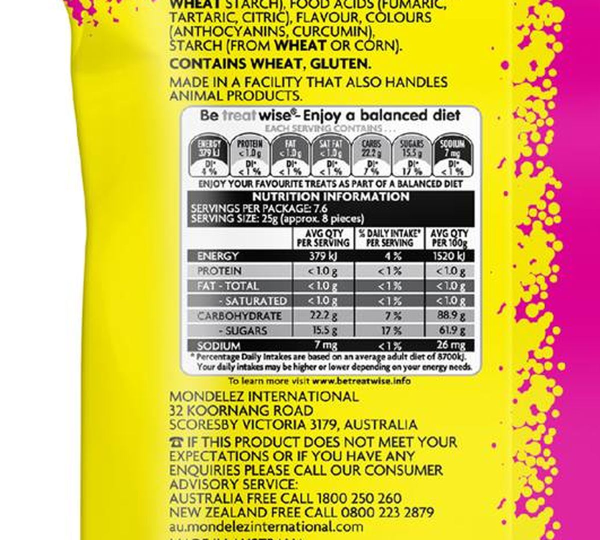 Pack photograph of Sour Patch Kids Watermelon Lollies 190g showing the printed nutrition panel