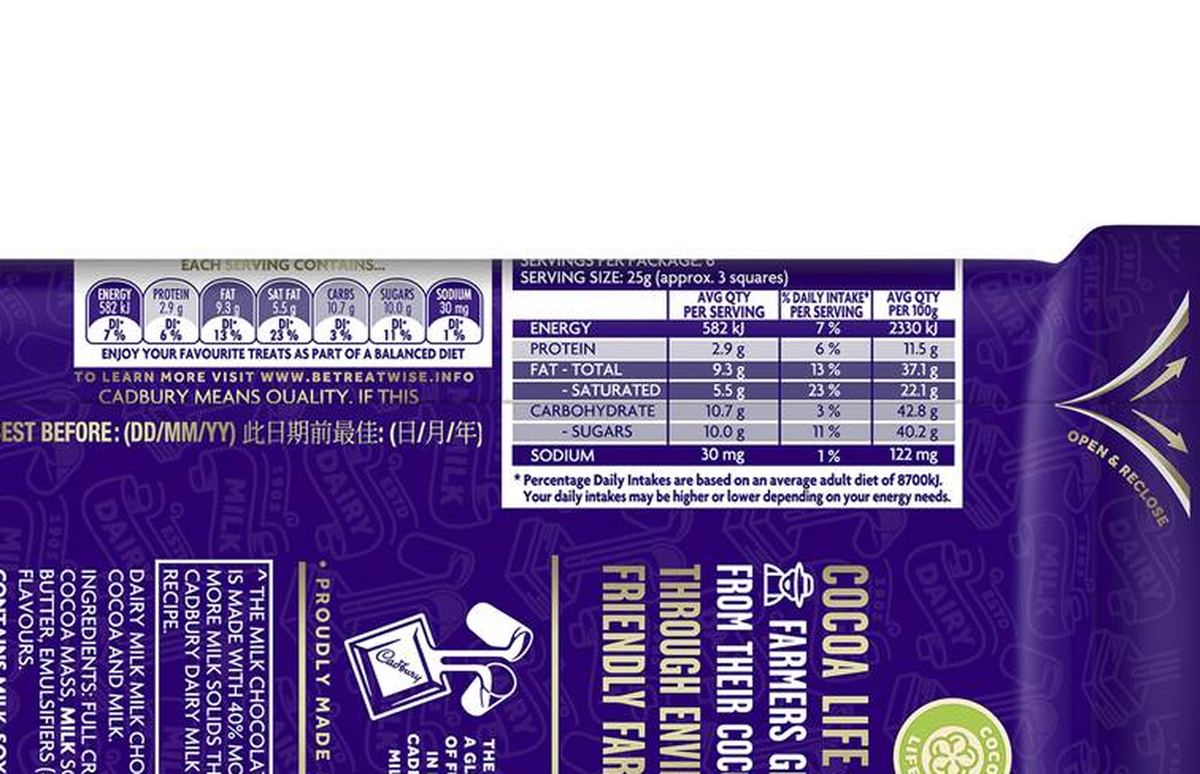 Pack photograph of Cadbury Dairy Milk Velvet Chocolate Block 150g showing the printed nutrition panel