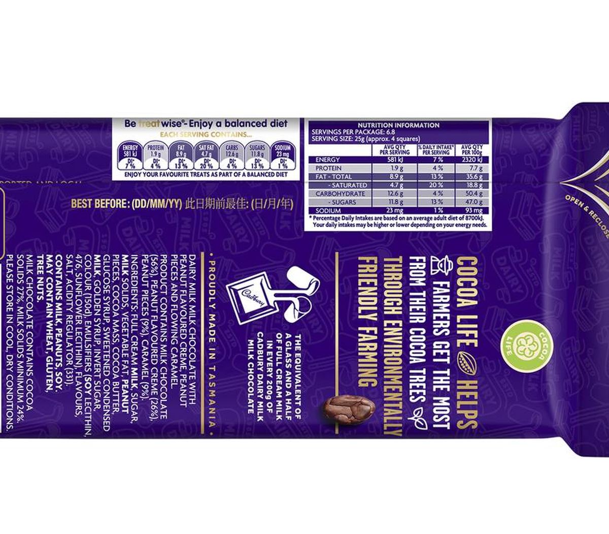 Pack photograph of Cadbury Dairy Milk Slices Peanut Caramel Chocolate Block 170g showing the printed nutrition panel