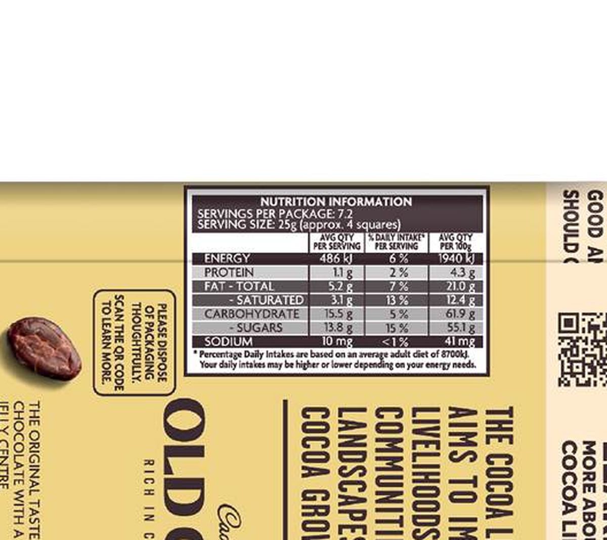 Pack photograph of Cadbury Old Gold Bundaberg Rum Chocolate Block 180g showing the printed nutrition panel