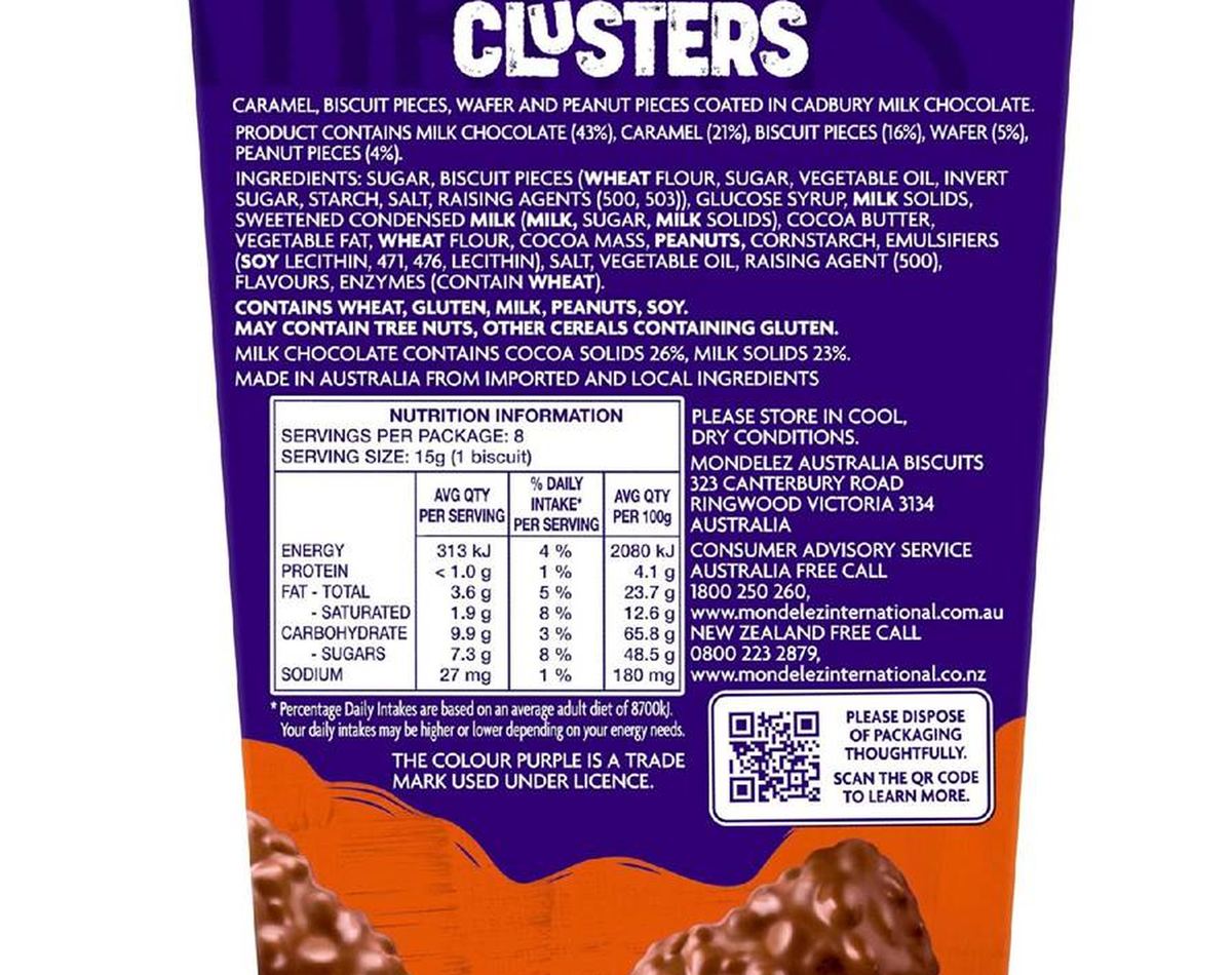 Pack photograph of Cadbury Chocolate Biscuit Clusters Crunchy Peanut 120g showing the printed nutrition panel